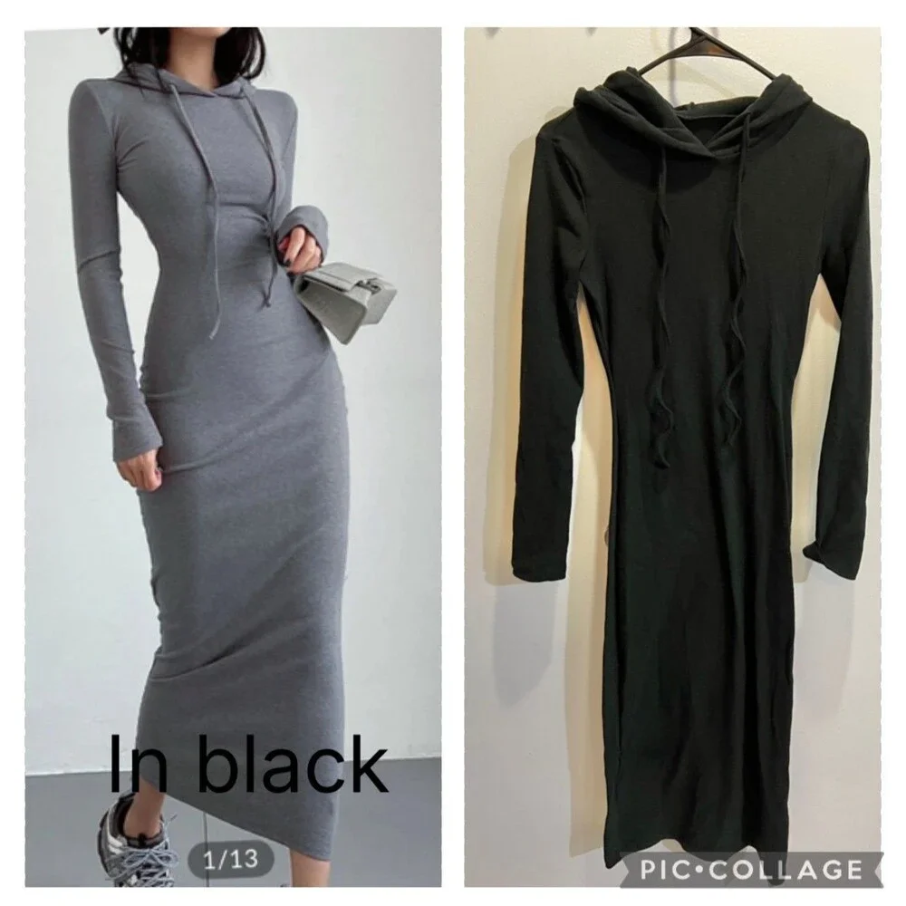 Commense NWT Women Black Drop Shoulder Drawstring Hooded Dress Loungewear Chic - Picture 3 of 12